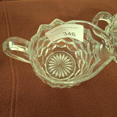 Fostoria American clear lidded sugar bowl and creamer set