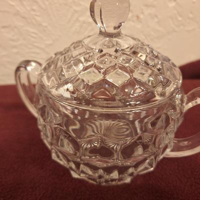Fostoria American clear lidded sugar bowl and creamer set