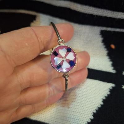 Mexican Alpaca silver town cuff bracelet with pink enamel and abalone shell floral inlay