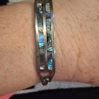 vintage Mexican silver and abalone shell hinged panel bracelet