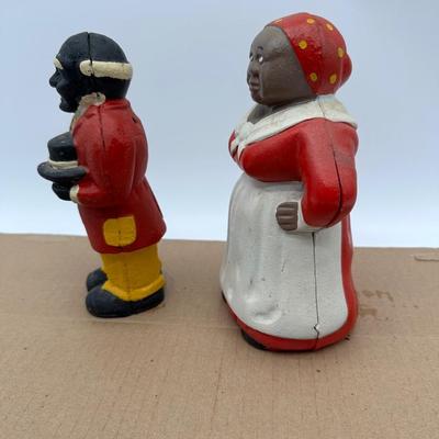 Vintage Black Americana Cast Iron Coin Banks – Man & Woman Figurines (Pair)