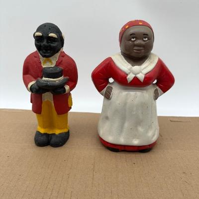 Vintage Black Americana Cast Iron Coin Banks – Man & Woman Figurines (Pair)