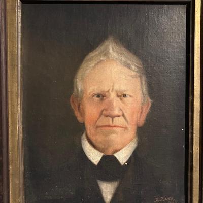 1869 Antique Oil Portrait Painting by F. Finck – Victorian Gentleman Ancestor in Original Frame