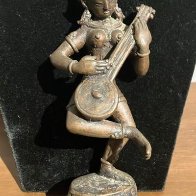 Antique Bronze Dancing Saraswati Statue - Hindu Goddess Playing Veena - 6" Tall