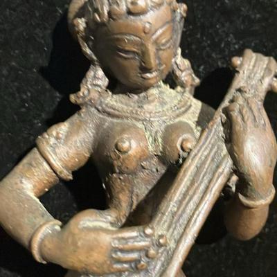 Antique Bronze Dancing Saraswati Statue - Hindu Goddess Playing Veena - 6" Tall