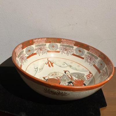 Japanese Kutani-Style Hand-Painted Porcelain Bowl - Lion Dance Scene - 8.25