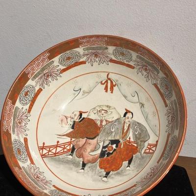 Japanese Kutani-Style Hand-Painted Porcelain Bowl - Lion Dance Scene - 8.25