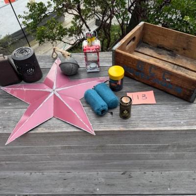 WOODEN CRATE WITH METAL STAR AND MORE