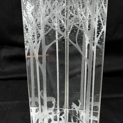Kosta Boda 'Deers in the Forest' Triangular Prism glass sculpture