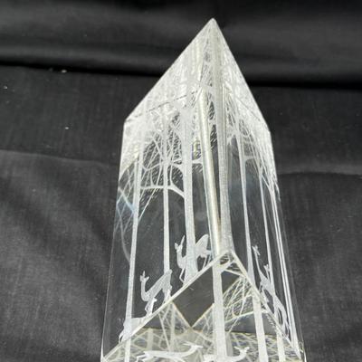 Kosta Boda 'Deers in the Forest' Triangular Prism glass sculpture