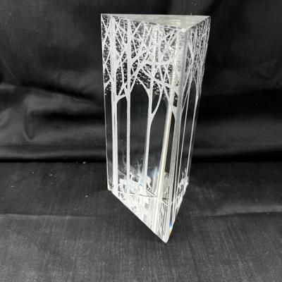 Kosta Boda 'Deers in the Forest' Triangular Prism glass sculpture