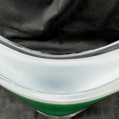 Mid 1950s Swedish glass Vase centerpiece bowl Green White overlay