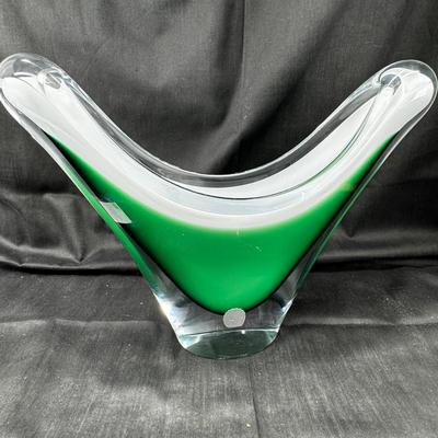 Mid 1950s Swedish glass Vase centerpiece bowl Green White overlay