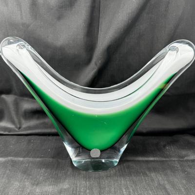 Mid 1950s Swedish glass Vase centerpiece bowl Green White overlay
