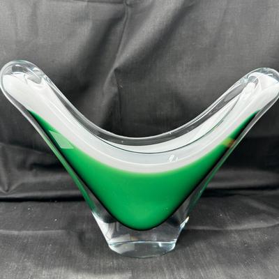 Mid 1950s Swedish glass Vase centerpiece bowl Green White overlay