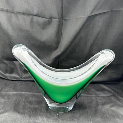Mid 1950s Swedish glass Vase centerpiece bowl Green White overlay