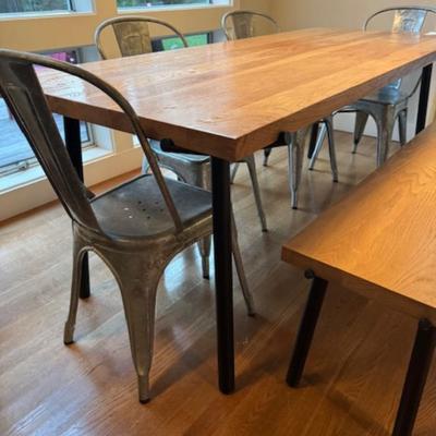 WEATHERED OAK DINING TABLE, BENCH AND CHAIRS