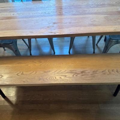 WEATHERED OAK DINING TABLE, BENCH AND CHAIRS