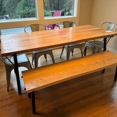 WEATHERED OAK DINING TABLE, BENCH AND CHAIRS