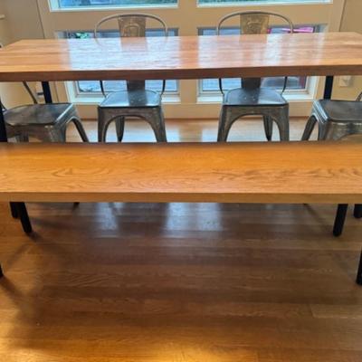 WEATHERED OAK DINING TABLE, BENCH AND CHAIRS
