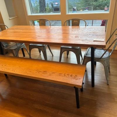 WEATHERED OAK DINING TABLE, BENCH AND CHAIRS