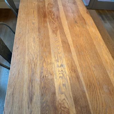 WEATHERED OAK DINING TABLE, BENCH AND CHAIRS