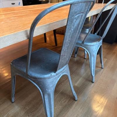WEATHERED OAK DINING TABLE, BENCH AND CHAIRS