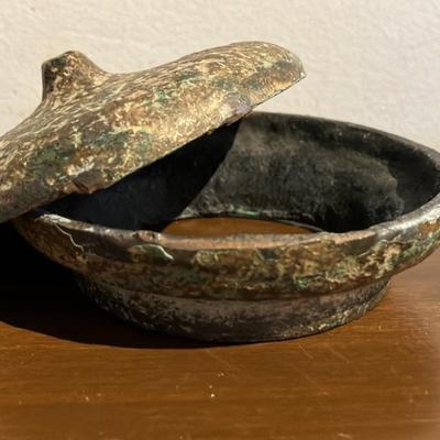 Antique Style Chinese Bronze Ritual Food Vessel Dou with Lid - Warring States Inspired, 4" across