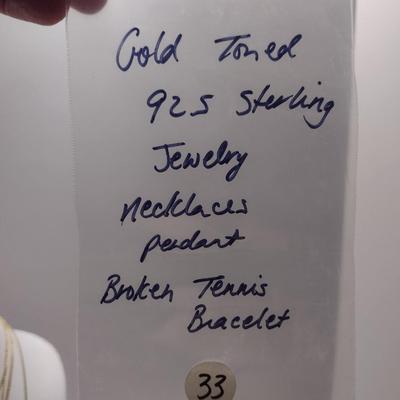 Collection of Gold Toned Sterling Silver Jewelry- Necklaces, Pendant, Tennis Bracelet (#33)