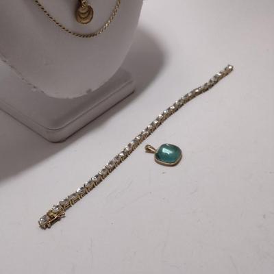 Collection of Gold Toned Sterling Silver Jewelry- Necklaces, Pendant, Tennis Bracelet (#33)