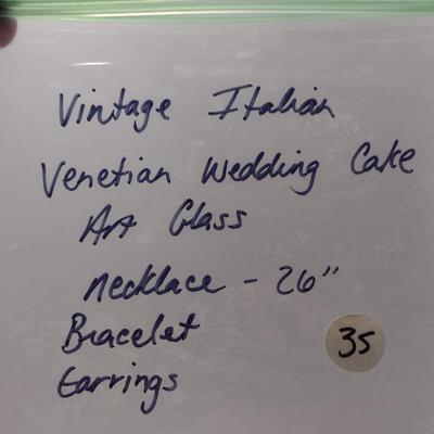 Vintage Italian Venetian Wedding Cake Art Glass Necklace, Bracelet, and Earring Set (#35)