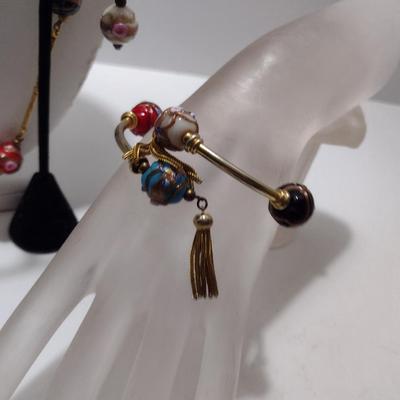 Vintage Italian Venetian Wedding Cake Art Glass Necklace, Bracelet, and Earring Set (#35)