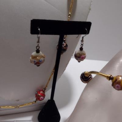 Vintage Italian Venetian Wedding Cake Art Glass Necklace, Bracelet, and Earring Set (#35)