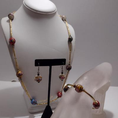 Vintage Italian Venetian Wedding Cake Art Glass Necklace, Bracelet, and Earring Set (#35)