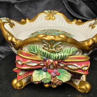 Fitz & Floyd Florentine Christmas Pillar Candle Holder – Hand-Painted Holiday Ceramic Centerpiece