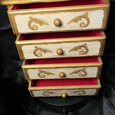 Vintage Florentine-Style Musical Jewelry Box Chest – Gold Gilt Wood, Red Velvet Drawers, Made in Japan