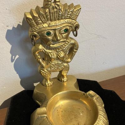 Solid Brass Tiki Warrior Ashtray with Green Eyes - Mid Century Polynesian Chief Figural