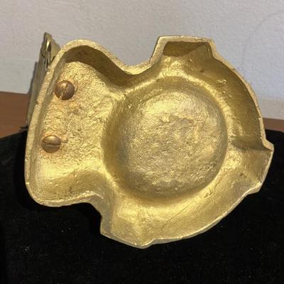 Solid Brass Tiki Warrior Ashtray with Green Eyes - Mid Century Polynesian Chief Figural