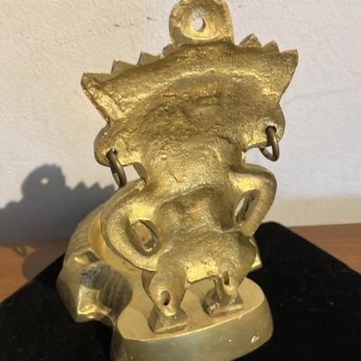 Solid Brass Tiki Warrior Ashtray with Green Eyes - Mid Century Polynesian Chief Figural