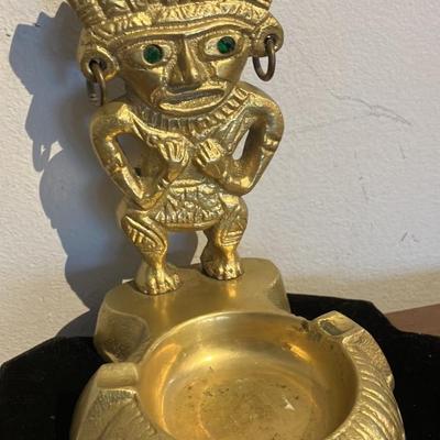 Solid Brass Tiki Warrior Ashtray with Green Eyes - Mid Century Polynesian Chief Figural