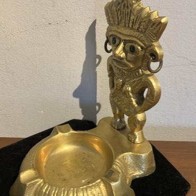 Solid Brass Tiki Warrior Ashtray with Green Eyes - Mid Century Polynesian Chief Figural