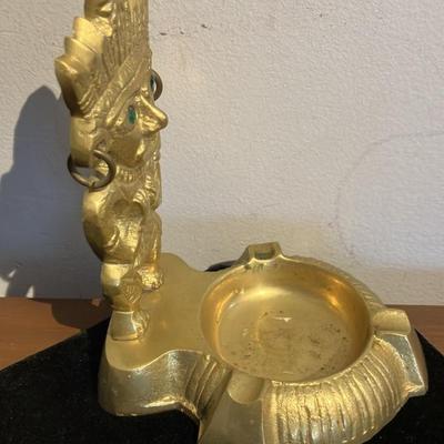 Solid Brass Tiki Warrior Ashtray with Green Eyes - Mid Century Polynesian Chief Figural