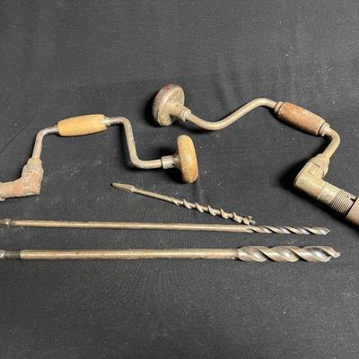 2 HAND CRANK BIT BRACES AND AUGER DRILL BITS