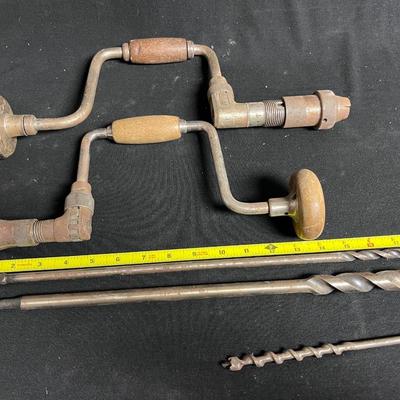 2 HAND CRANK BIT BRACES AND AUGER DRILL BITS