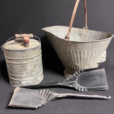 COAL BUCKET, 2 SHOVELS AND AN OLD GAS CAN
