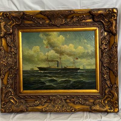 J24-6 Circa 1875 Steam & Sail Ship Oil on Canvas Mounted on Board Painting, Flying 2 Flags, Artist Unknown, British & Swedish...