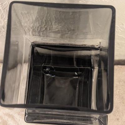 smoke gray glass vase with geometric irregularities- offset squares  
