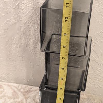 smoke gray glass vase with geometric irregularities- offset squares  