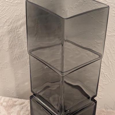 smoke gray glass vase with geometric irregularities- offset squares  