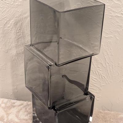 smoke gray glass vase with geometric irregularities- offset squares  